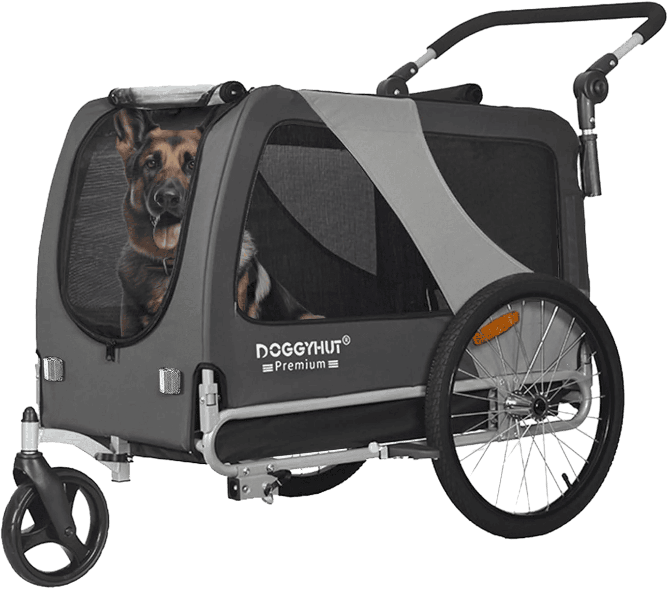 Ein Deutscher Schäferhund sitzt in einem schwarzen Doggyhut Premium-Tieranhänger mit drei Rädern und Netzfenstern.