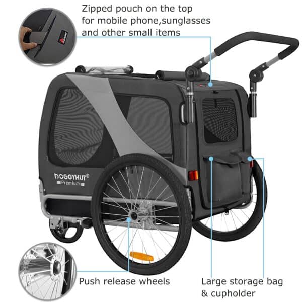 DOGGYHUT® Hunde‑Fahrradanhänger 2‑in‑1, 270 l, bis 35 kg, faltbarer Aluminium‑Rahmen