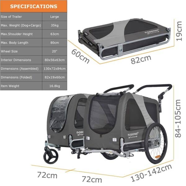DOGGYHUT® Hunde‑Fahrradanhänger 2‑in‑1, 270 l, bis 35 kg, faltbarer Aluminium‑Rahmen