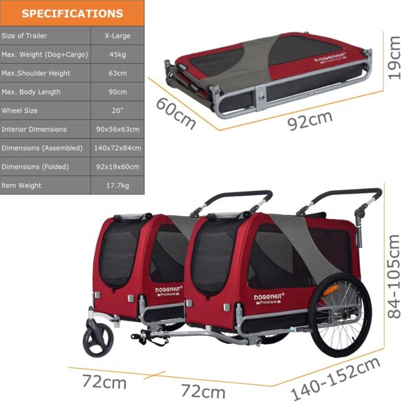 DOGGYHUT® Hundefahrradanhänger 2‑in‑1 Jogger, 23‑45 kg, witterungsbeständig