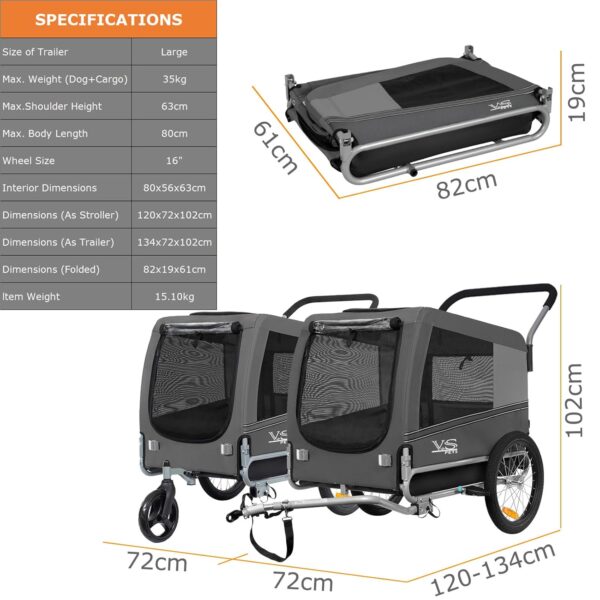 Tiggo VS Pets 2‑in‑1 Hunde‑Jogger & Fahrradanhänger, klappbar, 270 L, bis 35 kg